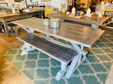 Load image into Gallery viewer, Narrow 7ft Rustic Pedestal Farmhouse Dining Table Set with Benches (Gray White Wash)
