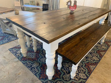 Load image into Gallery viewer, 7ft Chunky Turned Leg Farmhouse Table with Benches (Dark Walnut White)
