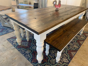 7ft Chunky Turned Leg Farmhouse Table with Benches (Dark Walnut White)