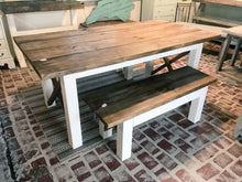 Load image into Gallery viewer, Farmhouse Table With Benches with Dark Walnut Top and Antique White Base and Cross Brace Design
