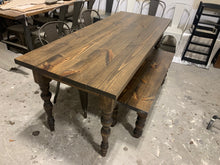 Load image into Gallery viewer, 6ft Narrow Farmhouse Table with Bench and Metal Chairs (Dark Walnut)
