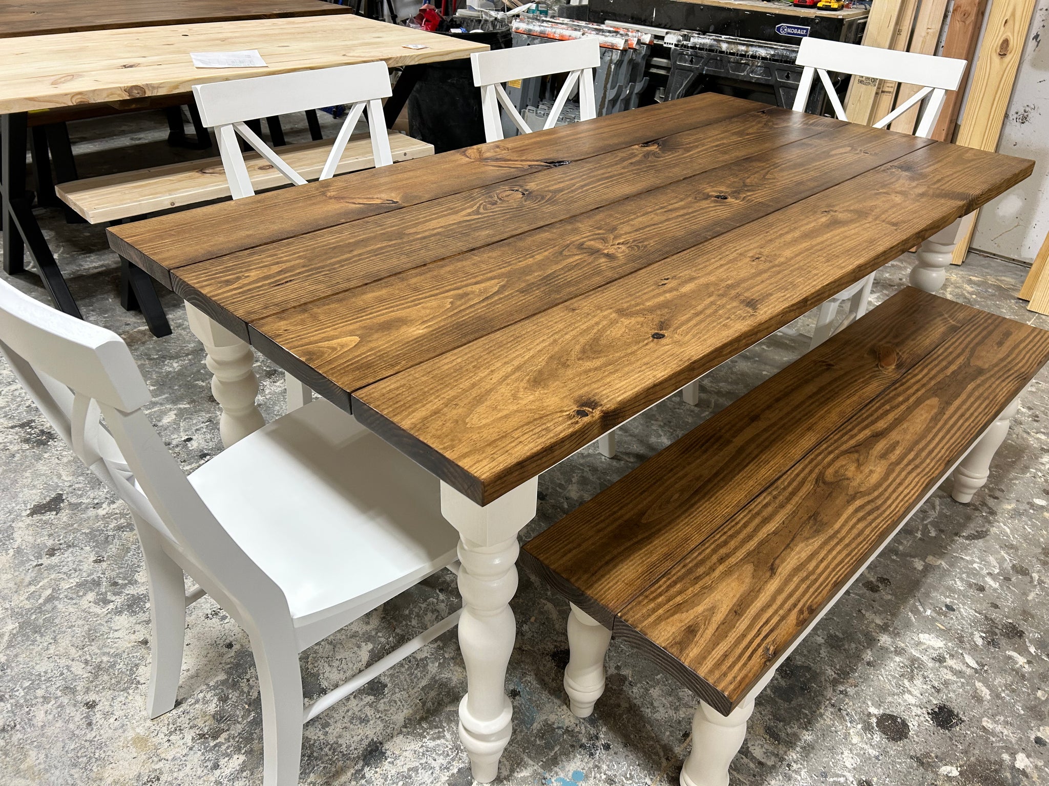 6ft Turned Leg Farmhouse Table with Chairs and Bench White Provincial