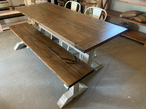 6ft Narrow Pedestal Table with Chairs and Bench (Distressed White Dark Walnut)