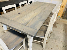 Load image into Gallery viewer, 7ft Dining Table - Classic Gray, Antique White - Wooden Turned Table Legs - Farmhouse Style Kitchen Table - With a Rustic Feel
