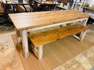 7ft Narrow Farmhouse Table with Benches (Early American, Distressed White)