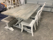Load image into Gallery viewer, Custom: Rustic Pedestal Farmhouse Table with Chairs and Benches and Seamless Top (Gray White Wash, Distressed White)
