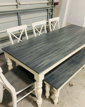 Load image into Gallery viewer, 7ft Turned Leg Farmhouse Table with Bench and Chairs (Carbon Gray, White)

