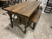 Load image into Gallery viewer, 6ft Narrow Farmhouse Table with Bench and Metal Chairs (Dark Walnut)
