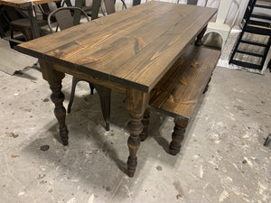 6ft Narrow Farmhouse Table with Bench and Metal Chairs (Dark Walnut)