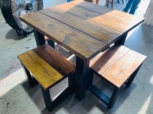 Square Farmhouse Table, Modern Farmhouse Table, Dining Set with Stools, Table with Short Benches, Provincial Brown Top and Black Base