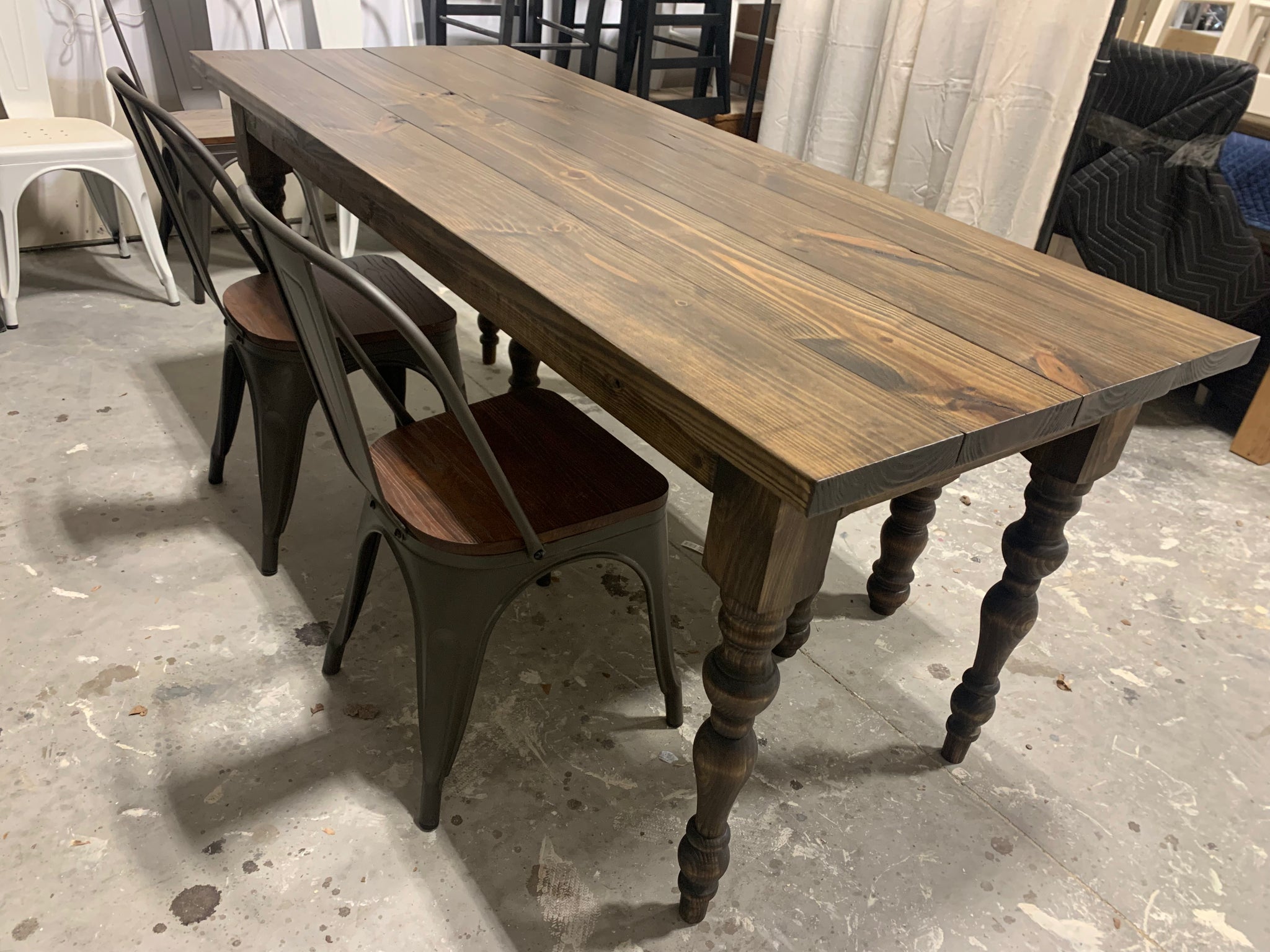 6ft Narrow Farmhouse Table with Bench and Metal Chairs Dark Walnut