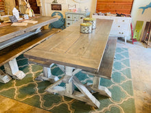 Load image into Gallery viewer, Narrow 7ft Rustic Pedestal Farmhouse Dining Table Set with Benches (Gray White Wash)
