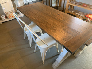 6ft Narrow Pedestal Table with Chairs and Bench (Distressed White Dark Walnut)