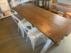6ft Narrow Pedestal Table with Chairs and Bench (Distressed White Dark Walnut)