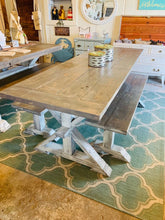 Load image into Gallery viewer, Narrow 7ft Rustic Pedestal Farmhouse Dining Table Set with Benches (Gray White Wash)

