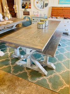 Narrow 7ft Rustic Pedestal Farmhouse Dining Table Set with Benches (Gray White Wash)