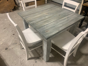 Square Farmhouse Table with Chairs (Gray White Wash, Distressed White)
