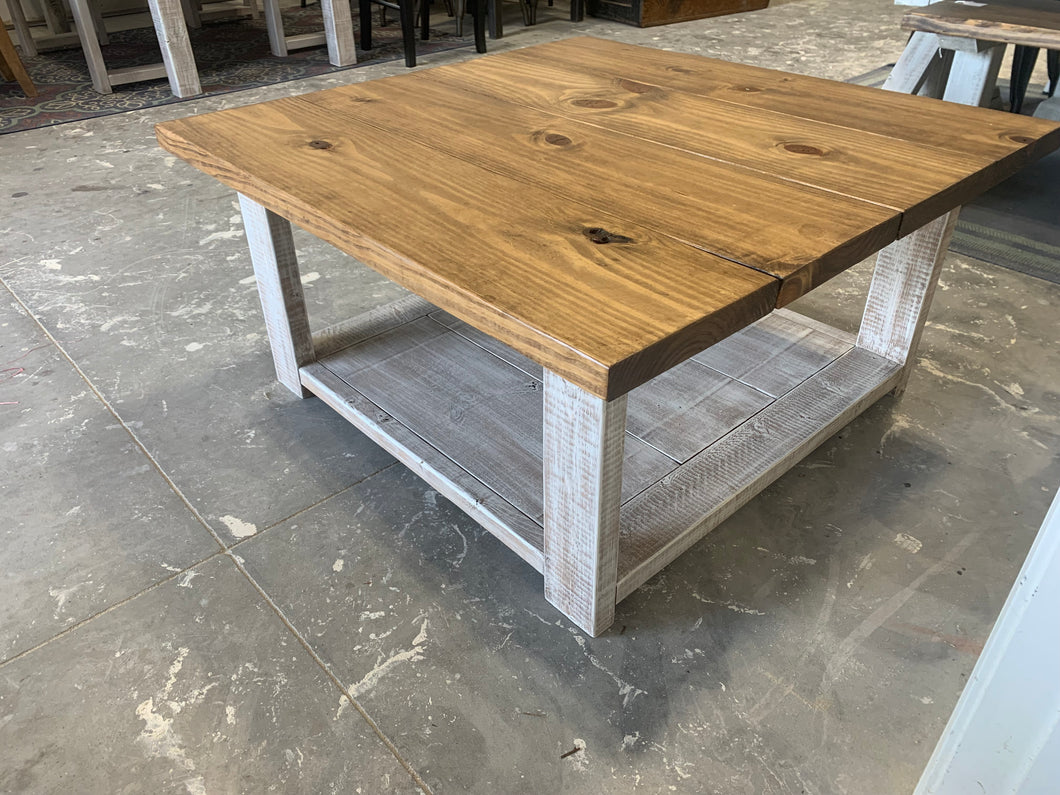 Farmhouse Square Coffee Table (Distressed White, Early American Brown)