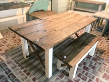 Load image into Gallery viewer, Farmhouse Table With Benches with Dark Walnut Top and Antique White Base and Cross Brace Design
