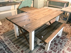 Farmhouse Table With Benches with Dark Walnut Top and Antique White Base and Cross Brace Design