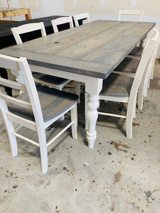7ft Dining Table - Classic Gray, Antique White - Wooden Turned Table Legs - Farmhouse Style Kitchen Table - With a Rustic Feel