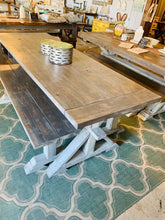 Load image into Gallery viewer, Narrow 7ft Rustic Pedestal Farmhouse Dining Table Set with Benches (Gray White Wash)
