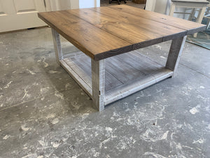 Farmhouse Square Coffee Table (Distressed White, Early American Brown)