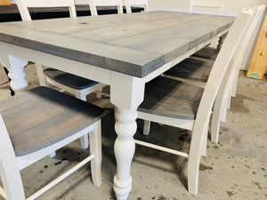 7ft Dining Table - Classic Gray, Antique White - Wooden Turned Table Legs - Farmhouse Style Kitchen Table - With a Rustic Feel