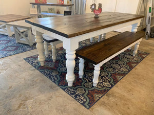 7ft Chunky Turned Leg Farmhouse Table with Benches (Dark Walnut White)