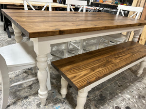 6ft Turned Leg Farmhouse Table with Chairs and Bench (White, Provincial)