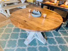 Load image into Gallery viewer, 4ft Round Pedestal Farmhouse Table (Distressed White , Provincial)
