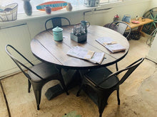Load image into Gallery viewer, 4ft Round Pedestal Farmhouse Table Set with Metal Chairs ( Classic Gray, Dark Walnut)
