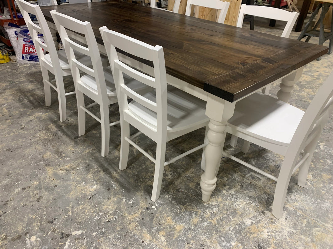 7ft Turned Leg Table with Breadboards and Chairs (Dark Walnut, White)