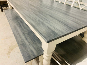 7ft Turned Leg Farmhouse Table with Bench and Chairs (Carbon Gray, White)