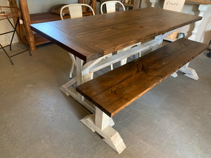 6ft Narrow Pedestal Table with Chairs and Bench (Distressed White Dark Walnut)