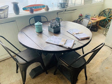 Load image into Gallery viewer, 4ft Round Pedestal Farmhouse Table Set with Metal Chairs ( Classic Gray, Dark Walnut)
