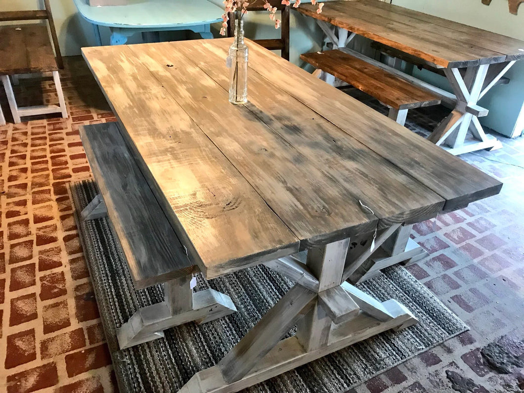 6ft Classic Pedestal Table With Benches (Gray White Wash, Distressed White)