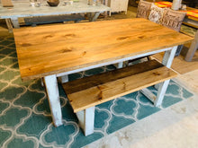 Load image into Gallery viewer, 6ft Classic X Style Farmhouse Table Set with Benches (Early American, Distressed White)
