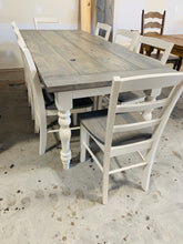 Load image into Gallery viewer, 7ft Modern Farmhouse Table with Turned Legs and Chairs (Classic Gray, Antique White)
