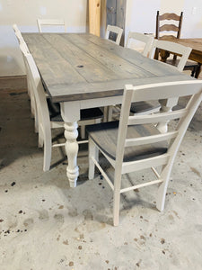 7ft Dining Table - Classic Gray, Antique White - Wooden Turned Table Legs - Farmhouse Style Kitchen Table - With a Rustic Feel