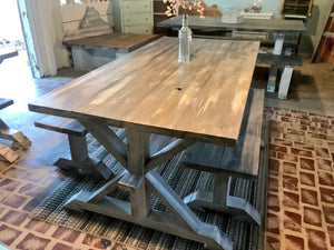 6ft Classic Pedestal Table With Benches (Gray Whitewash, Distressed White)