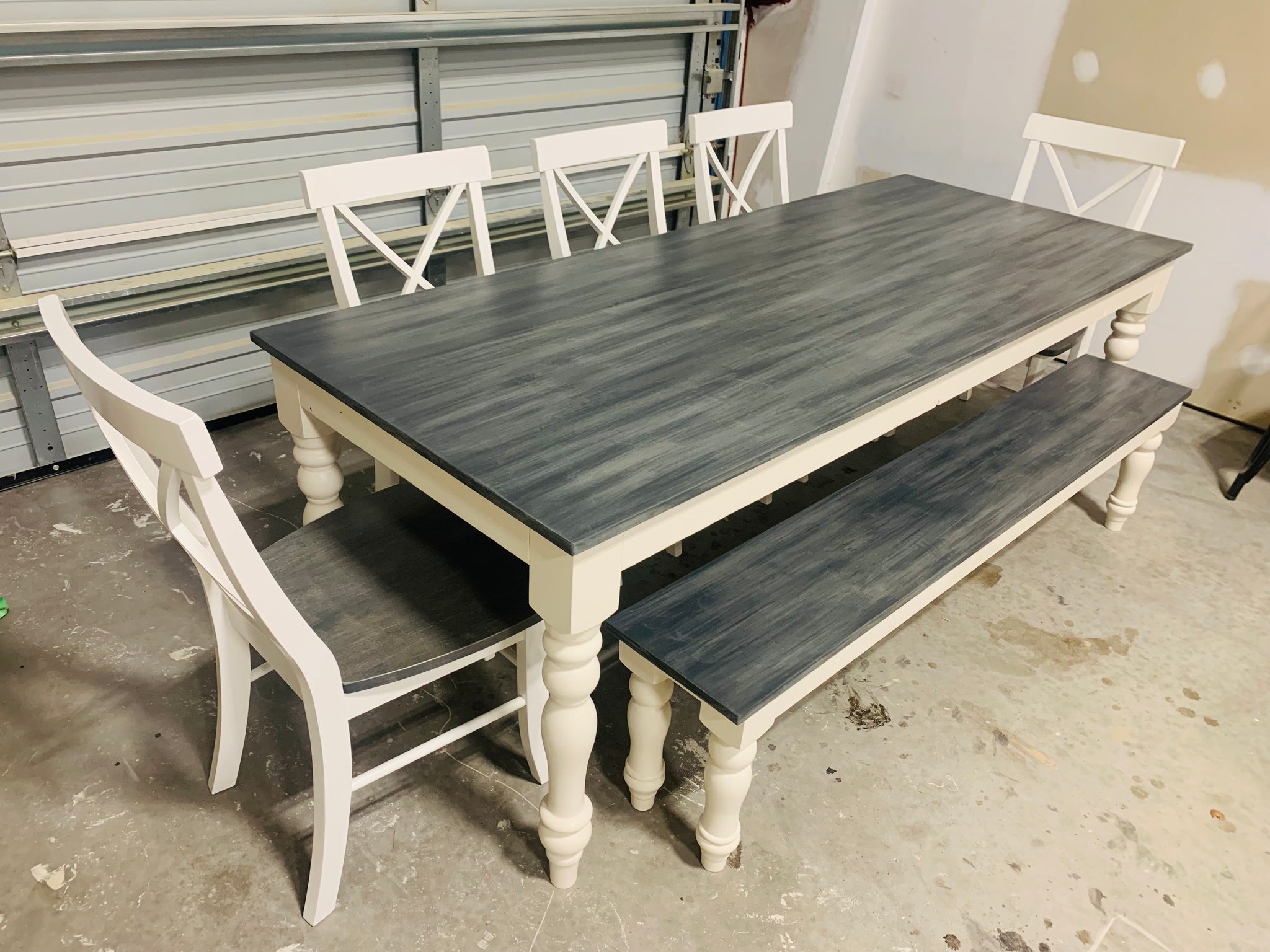 7ft Rustic Farmhouse Dining Table with Benches and Chair Set (Gray