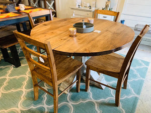 Round Dining Table - Pedestal Base - Farmhouse Round Wooden Kitchen Table - Distressed White, Provincial Brown