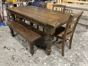 6ft Rustic Farmhouse Dining Set with Chunky Turned Legs, Bench, and Chairs in Dark Walnut