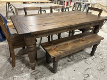 Load image into Gallery viewer, 6ft Rustic Farmhouse Dining Set with Chunky Turned Legs, and Bench in Dark Walnut
