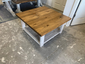 Farmhouse Square Coffee Table (Distressed White, Early American Brown)