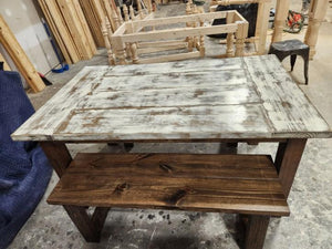 5ft Farmhouse Table with Benches (Weathered White, Dark Walnut)