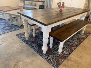 7ft Chunky Turned Leg Farmhouse Table with Benches (Dark Walnut White)