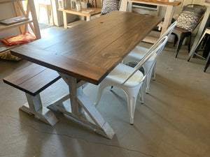 6ft Narrow Pedestal Table with Chairs and Bench (Distressed White Dark Walnut)