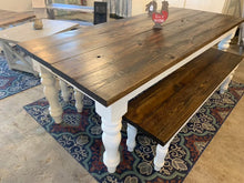 Load image into Gallery viewer, 7ft Chunky Turned Leg Farmhouse Table with Benches (Dark Walnut White)
